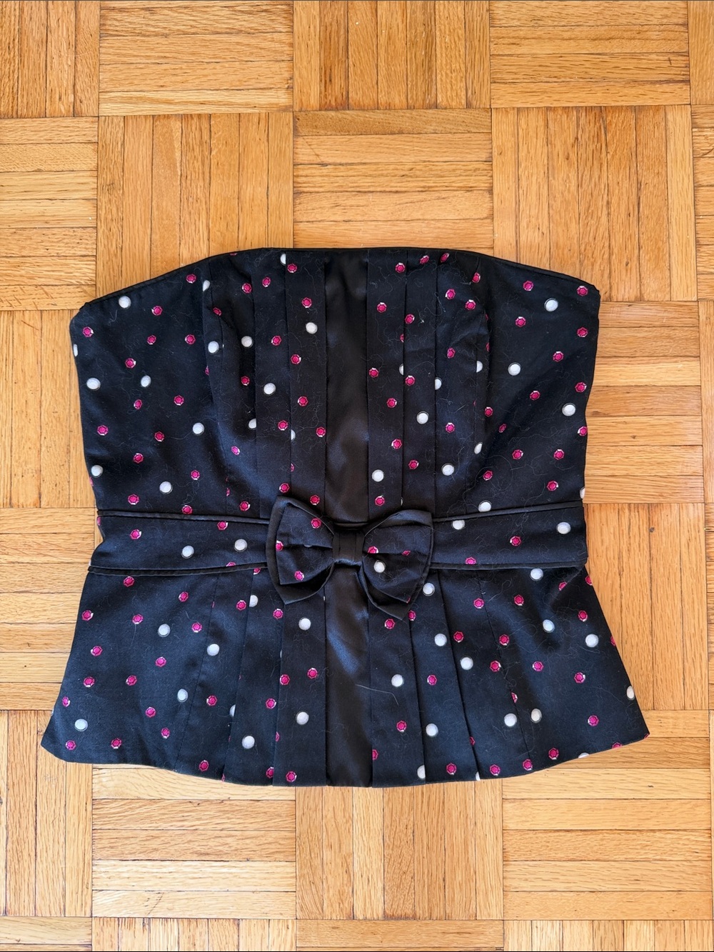 Black Strapless Polka Dot Bustier Corset Top with Bow